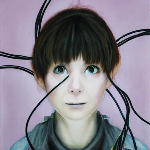 Image similar to pure evil lain with hundreds of wires coming out of her head, portrait, painting