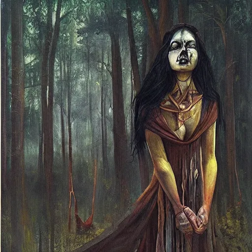 Prompt: an oil painting of a priestess in the woods by esao andrews. circa survive album cover art. dark. muted colors. gothic. oil painting with brush strokes. creepy.