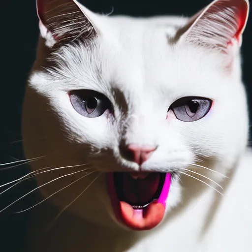 Image similar to A photograph of a white cat with black fur around her eyes sticking tongue out, looking at camera, 8k