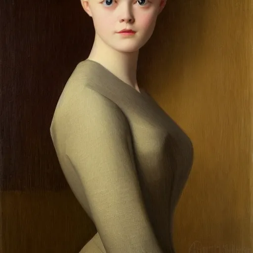 Prompt: A masterpiece head and shoulders portrait of Elle Fanning, by Grant Wood. 8K. Extremely detailed.