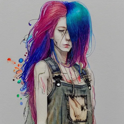 Prompt: a grungy woman with rainbow hair, soft eyes and narrow chin, dainty figure, long hair straight down, torn overalls, short shorts, combat boots, side boob, wet tshirt, raining, basic white background, symmetrical, watercolor, pen and ink, intricate line drawings, by Yoshitaka Amano, Ruan Jia, Kentaro Miura, Artgerm,