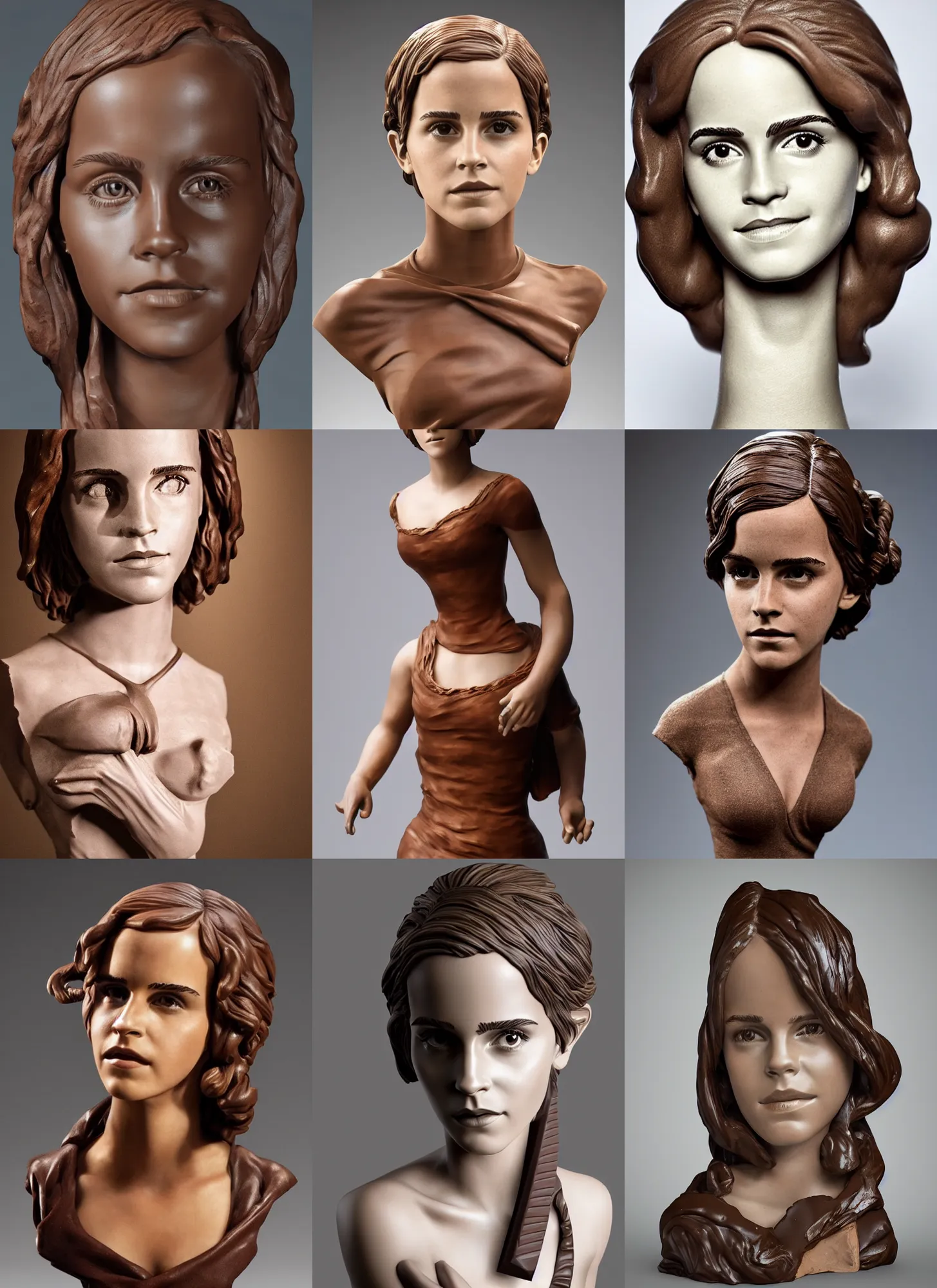 Prompt: ! dream chocolate! sculpture of emma watson, fully clothed, studio lighting
