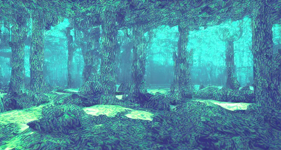 Image similar to vaporwave 3d Render of deep sea forest, grainy, noisy