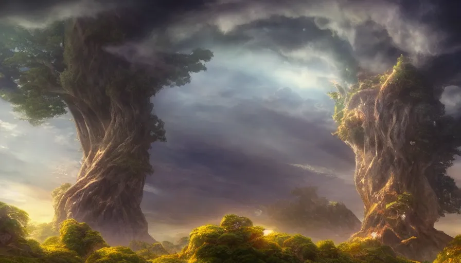 Image similar to a village below the great world-tree of Yggdrasil, dramatic volumetric clouds, cozy wallpaper, 4k, high details, volumetric magical lighting, motion blur, blur, trending on Artstation, award-winning, art by Studio Ghibli, by Chris Moore