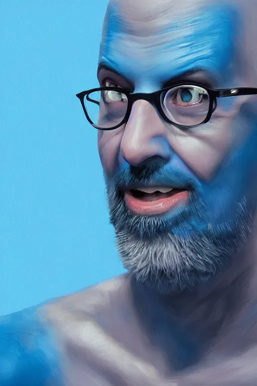 prompthunt: David cross as Tobias fünke in blue body paint and cutoffs  drinking glitter from a garden hose, highly detailed portrait