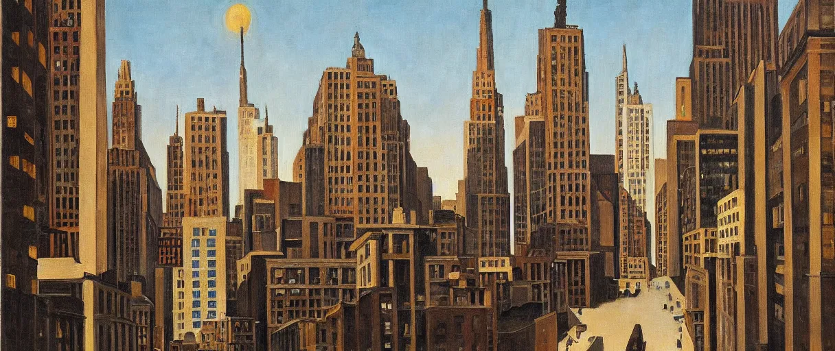 Prompt: Manhattan hanging sun in winter, street view, warm lighting, oil painting, by Giorgio de Chirico