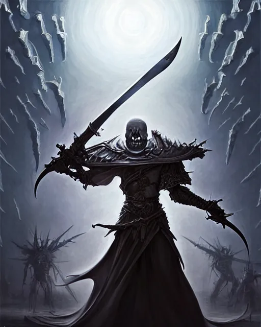 Prompt: The last enemy that shall be destroyed is death, full body image, artwork by artgerm, Luminism, Behance HD, medievil spear, broad sword, D&D, extraordinary phenomenon, fantasy, intricately detailed, elegant, digital painting, smooth, sharp focus, art by Greg Rutkowski, art by Ruth Asawa, art by Stephan Martiniere, art by Ted Nasmith, art by H.R. Giger