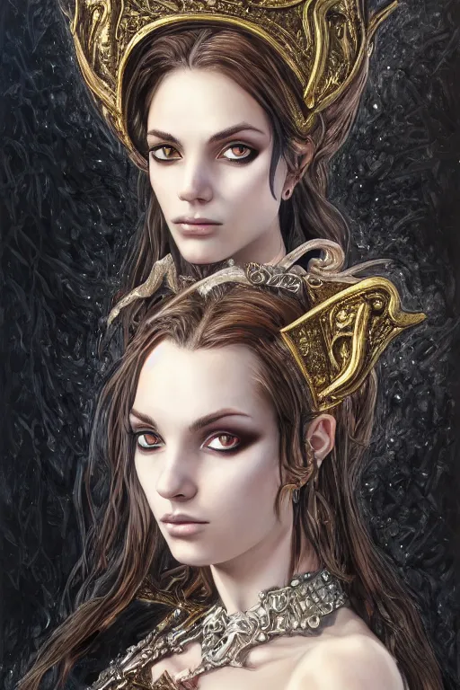 Image similar to high quality extremely detailed closeup portrait of a young attractive female necromancer looking away from the camera, dressed, realistic eyes, sparkle in eyes, no hands visible, baroque architecture in background, fantasy, d & d, intricate, painting by lucian freud and mark brooks, hd