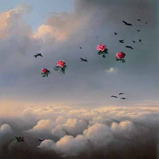 Image similar to the gigantic rose of the valley above puffy clouds, flock of birds