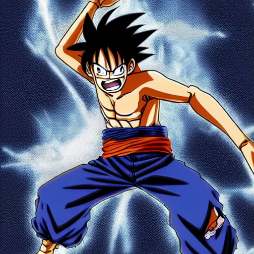 Prompt: still image of Monkey D Luffy in DragonBall Z by Akira Toriyama, color, screenshot