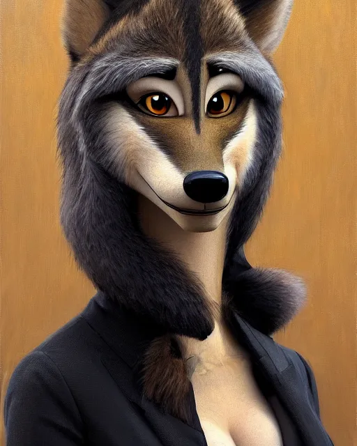 Prompt: oil painting of anthromorphic female wolf, in style of zootopia, female fursona, furry, furaffinity, 4 k, deviantart, furry art, fursona art, wearing black business suit, business suit, wolf fursona, female, very expressive detailed feminine face, by gaston bussiere, craig mullins, j. c. leyendecker