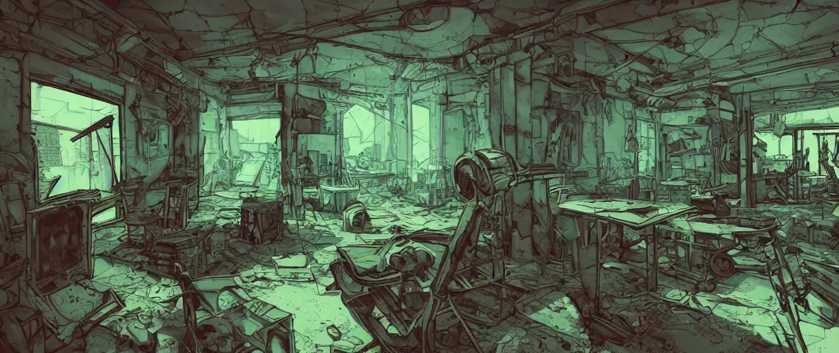 Image similar to abandoned laboroatory from cold war era faded out colors place mosquet painting digital illustration hdr stylized digital illustration video game icon global illumination ray tracing advanced technology that looks like it is from borderlands and by feng zhu and loish and laurie greasley, victo ngai, andreas rocha, john harris