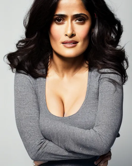 Image similar to Fully-clothed full-body portrait of Salma Hayek, XF IQ4, 50mm, F1.4, studio lighting, professional, 8K