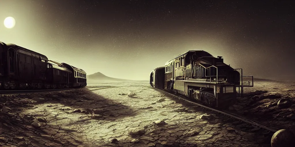 Prompt: ! dream ultra realistic illustration, an outdoor on the moon with an old broken train, lunar landscape, elegant, highly detailed, artstation, concept art, smooth, sharp focus, moody, dramatic lighting