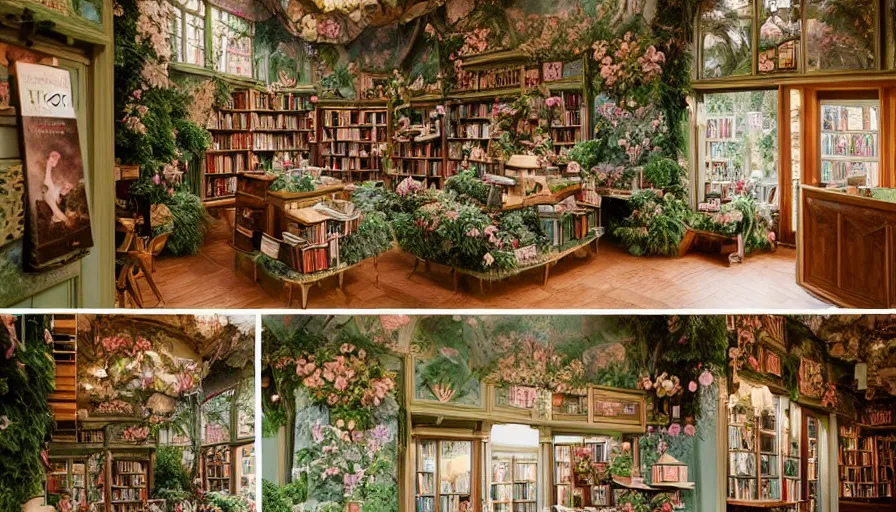 Prompt: Dreamy photo of a very very cozy bookstore cafe that is nestled into the lush PNW woods, lush plants and flowers, sleepy feeling, magical feeling, hazy, muted color palette, castles and temple details, ornaments, in the style of Gucci, photographed by Petra Collins and Wes Anderson, magic details, very detailed, 8k, trending on artstation, very detailed