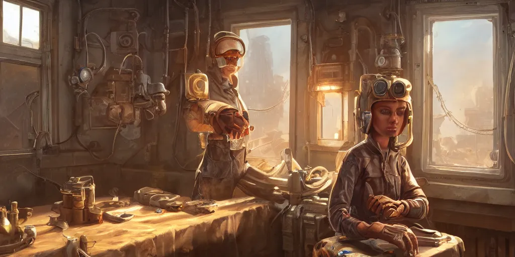 Image similar to highly detailed portrait painting of welder and angelina joile, room mono window, by eddie mendoza and tyler edlin, 8 k resolution