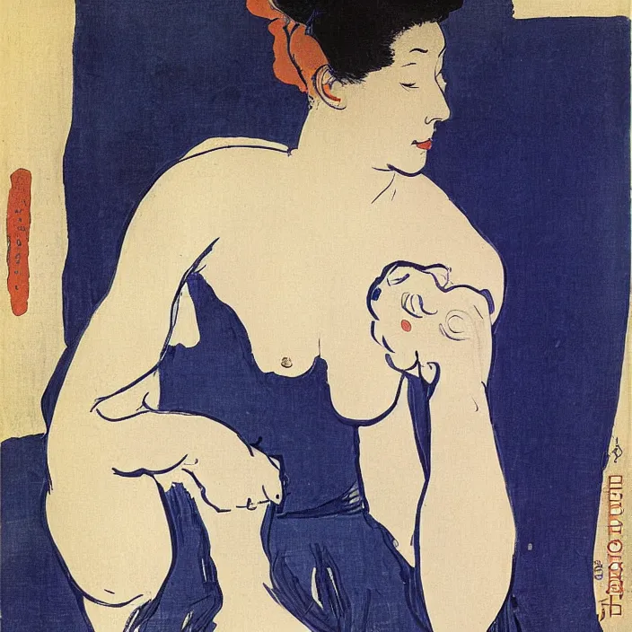 Image similar to woman with painted vase. deep dark indigo blue. henri de toulouse - lautrec, utamaro, matisse