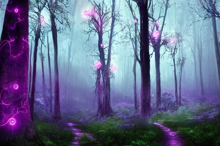 Image similar to ancient magical forest, tall purple and pink trees, moonlit, winding path lined with bioluminescent mushrooms, fireflies, pale blue fog, mysterious, eyes in the trees, cinematic lighting, photorealism