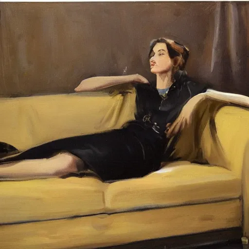 Image similar to an initimate portrait of Brooke Sheilds laying on a couch by the artist John Sargent