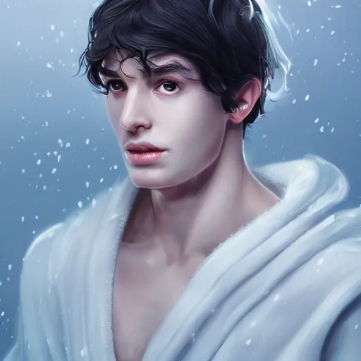 Prompt: boy with snow white shoulder-length hair, wearing a white flowing robe. beautiful hyperdetailed eyes, concept art, illustration, trending on artstation