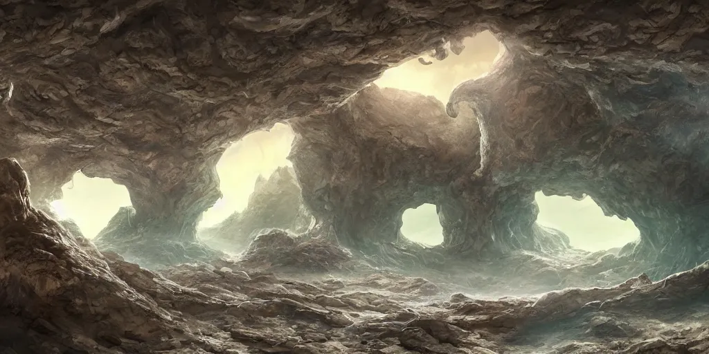 Prompt: an alien cave with swirling rock formations, 3d matte painting, concept art, highly detailed, photorealistic