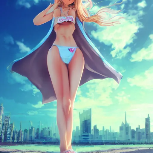 Image similar to bird perspective : a giant macro very beautiful young yuuki asuna, full body, long wavy blond hair, sky blue eyes, full round face,, bikini, miniskirt, stepping on a miniature city, cinematic wallpaper by stanley artgerm lau