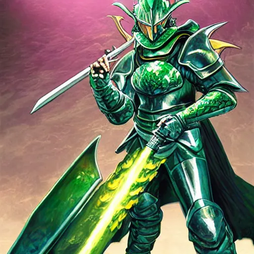 Image similar to fantasy knight behind the wheel of a green hatchback, blue armor, golden sword, dragon attacking with fire, Yusuke Murata