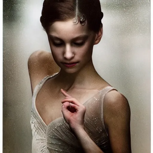 Image similar to portrait of a ballerina with a beautiful porcelain face, rain, cinematic light and reflections, beautiful dreamy lighting, photographed by annie leibovitz,