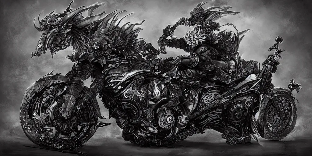 Image similar to dragon motorcycle, black and white, trending on artstation