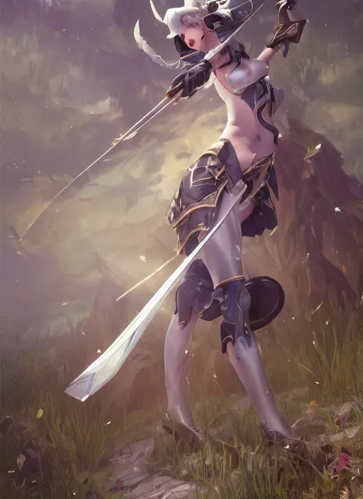 Prompt: ashe, from league of legends, shooting arrows with a silver bow, wearing fluffy skin, long skirt, hyper detailed, digital art, trending in artstation, cinematic lighting, studio quality, zoom in, smooth render, unreal engine 5 rendered, octane rendered, art style by klimt and nixeu and ian sprigger and wlop and krenz cushart