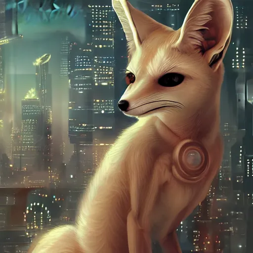 Image similar to portrait futuristic fennec fox animal, wearing a santa hat on their head, in future cyberpunk tokyo rooftop , sci-fi, fantasy, intricate, very very beautiful, elegant, human anatomy, neon light, highly detailed, digital painting, artstation, concept art, smooth, sharp focus, illustration, art by tian zi and WLOP and alphonse mucha