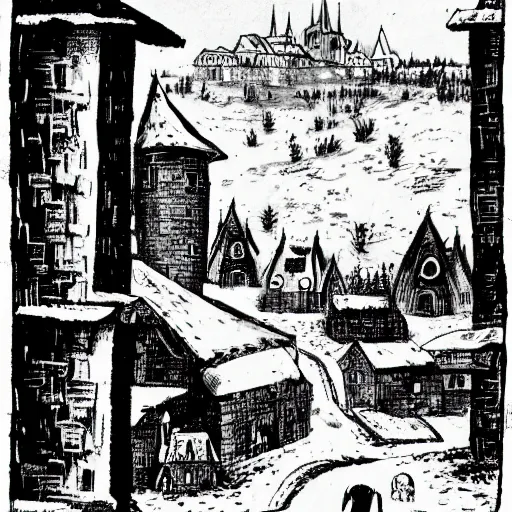 Prompt: mysterious town in medieval slovakia, comic art, black and white