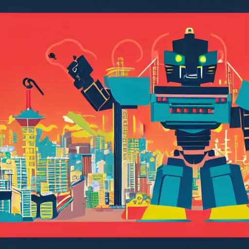 Image similar to giant samurai robot fighting a kaiju over tokyo city modern flat design style illustration with line elements