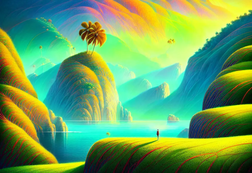 Image similar to A beautiful illustration of a breathtaking nature landscape, vivid colors, hills, ocean, cliffs, palm trees ,trending on artstation, WLOP ,cgsociety by Gediminas Pranckevicius, trending on cgsociety, James R. Eads, bokeh, fractal Thunder glow by dan mumford