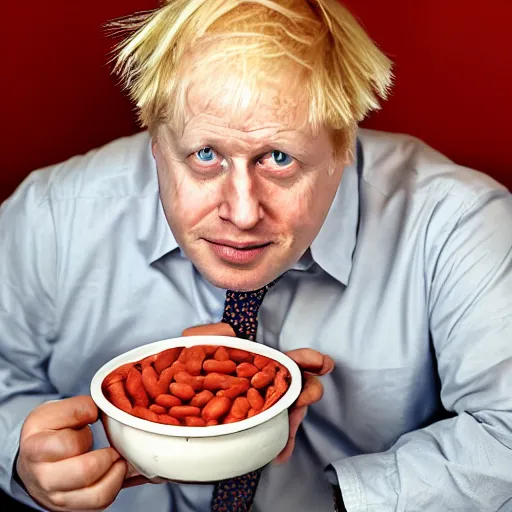 Image similar to Boris Johnson sitting inside a bathtub full of baked beans, photograph