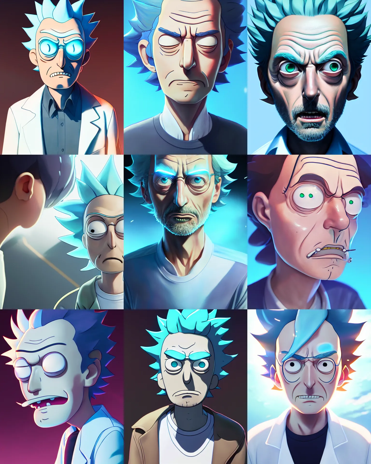 Prompt: rick from rick and morty, medium shot, visible face, detailed, perfectly shaded, perfectly shaded face, atmospheric lighting, by makoto shinkai, stanley artgerm lau, wlop, rossdraws, ( light blue hair )