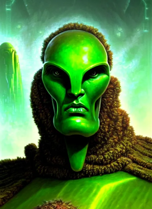 Image similar to portrait giant green humanoid with his fist up, brown armor, background ancient alien landscape, low angle, close up, concept art, intricate details, highly detailed, sci - fi poster, future, sci - fi art, art by john collier and albert aublet and krenz cushart