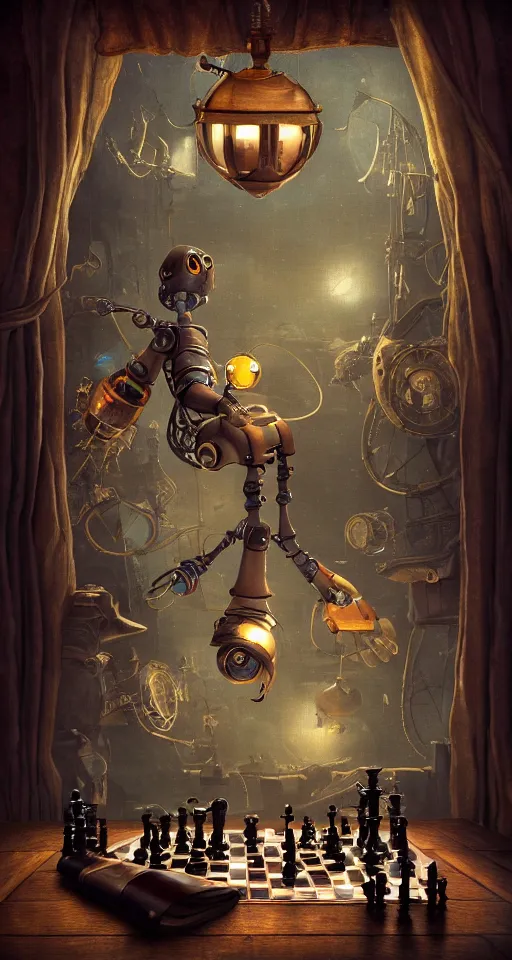 Image similar to a beautiful tapestry, a small robot playing chess, ultra detailed, subtle atmospheric lighting, shadows, night time, moon light shining through a window, steampunk, moody, candles, characters from machinarium, by don bluth, trending on artstation, octane render, 8 k, ultra realistic