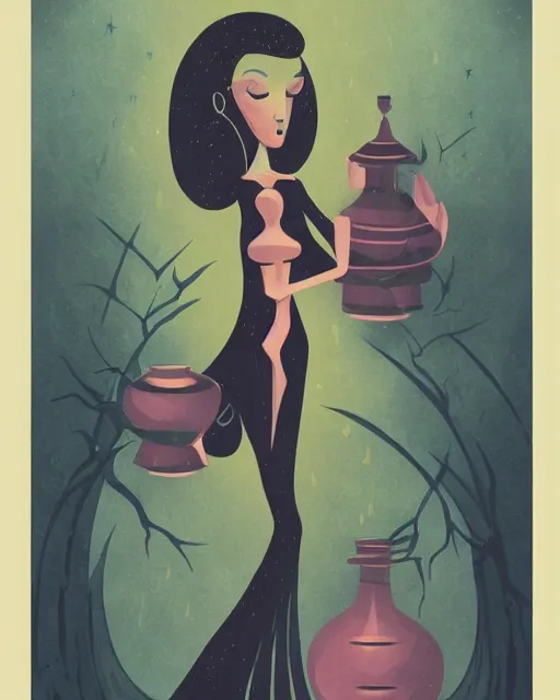 Image similar to retro dark vintage sci - fi. 2 d matte dark gouache illustration in a mystical style. a woman in a river holding two vases. symmetrical face.