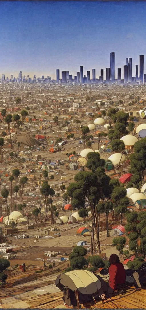 Image similar to ghibli illustrated background of strikingly beautiful skid row, los angeles, california, with strange city skyline is seen in the distance, tents, streets by vasily polenov, eugene von guerard, ivan shishkin, albert edelfelt, john singer sargent, albert bierstadt 4 k