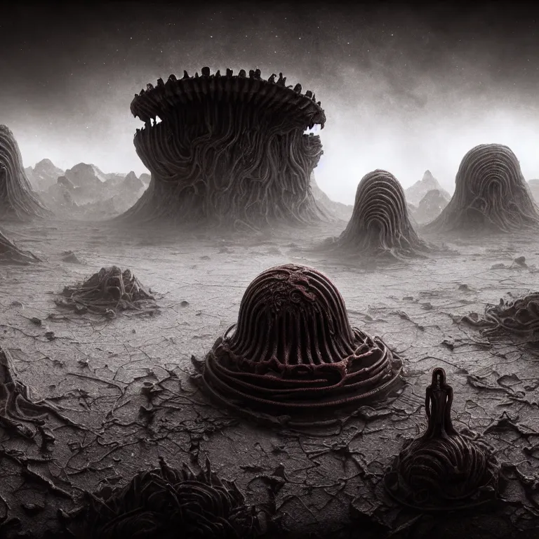 Prompt: ribbed surreal alien temple on exoplanet, standing in a desolate empty wasteland, creepy, nightmare, dream-like heavy atmosphere, surreal abandoned buildings, beautiful detailed intricate insanely detailed octane render, unreal engine, trending on Artstation, 8K artistic photography, photorealistic, chiaroscuro, volumetric light, Raphael, Caravaggio, Beksinski, Giger