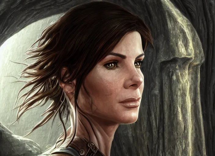 Image similar to face portrait of concentrated young Sandra Bullock as Lara Croft entering the large Minas Tirith gate, sun beams, intricate, elegant, highly detailed, centered, digital painting, artstation, concept art, smooth, sharp focus, illustration, Allan Lee, John Howe