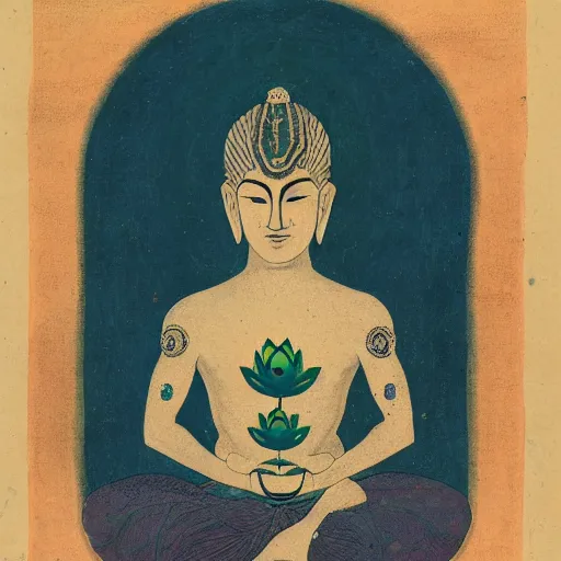 Prompt: portrait of an enlightened mystic with a blue lotus flower growing from his third eye