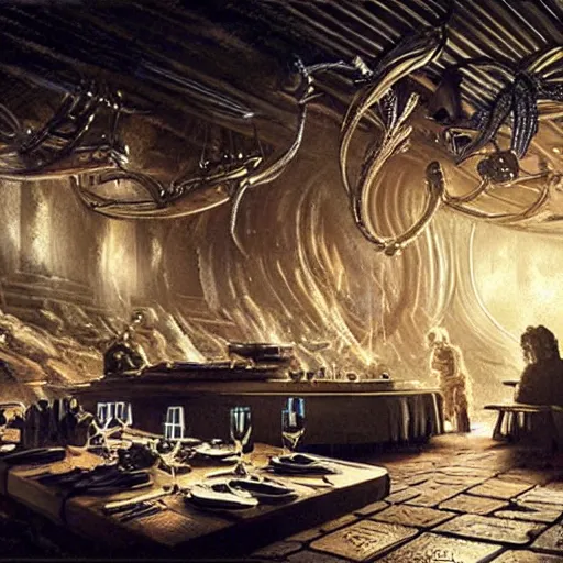 Prompt: scene from prometheus movie, hr giger artlilery spaceship lands in country tavern, filigree ornaments, volumetric lights, syd mead