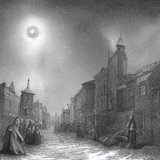 Image similar to Innsmouth, H.P. Lovecraft, dark clouds, dark, eerie, dystopian, city, eldritch, illustration by Gustave Doré