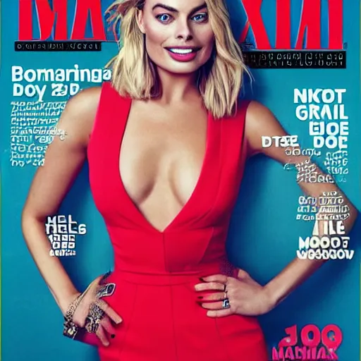 Image similar to margot robbie in a work dress on the cover of maxim magazine.