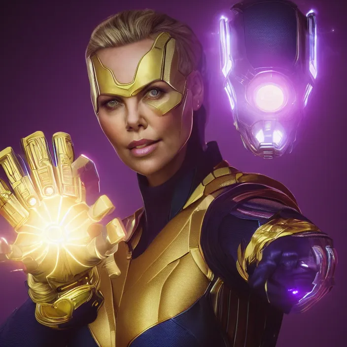 Image similar to portrait of ((Charlize Theron)), wearing The Infinity Gauntlet. SNAP. intricate artwork. octane render, trending on artstation, avengers. thanos. cinematic, hyper realism, high detail, octane render, 8k, iridescent accents