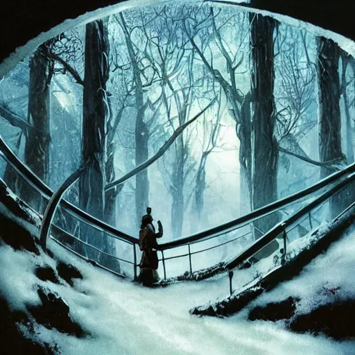 Image similar to stairs leading to a frozen derelict portal in a middle of a snowy lush futuristic forest, lush world seen only through a portal, daylight, cinematic lighting, blue sky, syd mead, john harris