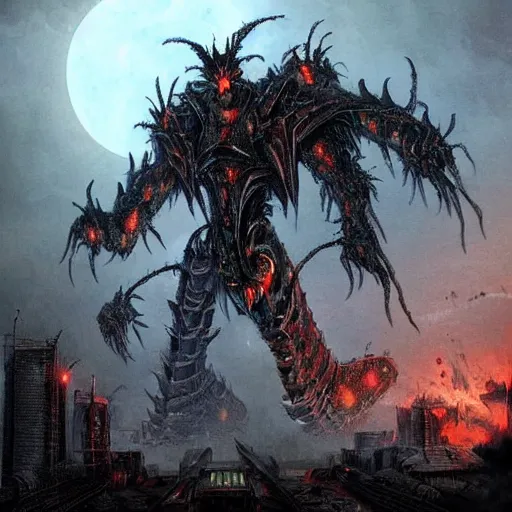 Image similar to high quality art of a giant mechanized dragon in an apocalyptic future, made of plates and armor throughout the body, having 4 limbs and 4 talons on each foot, and glowing fiery red eyes, climbing over a destroyed building in a hazy radioactive atmosphere, roaring with an epic pose into the air as the building crumbles under the weight, showing lots of sharp teeth. furaffinity, deviantart, artstation, high quality