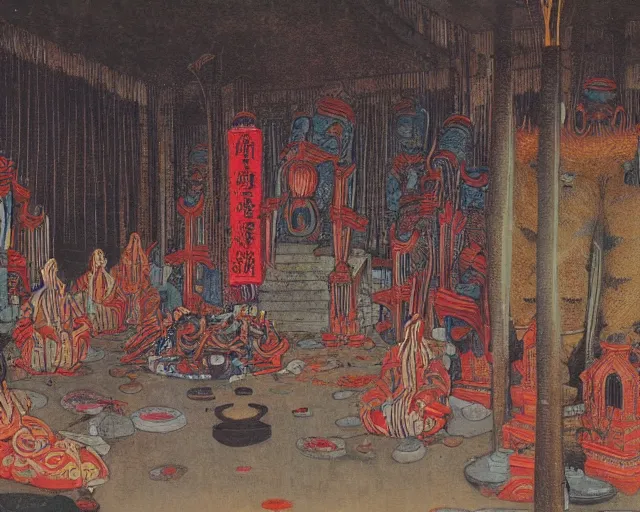 Image similar to Strange beings gathering inside the temple. Yves Tangyu.